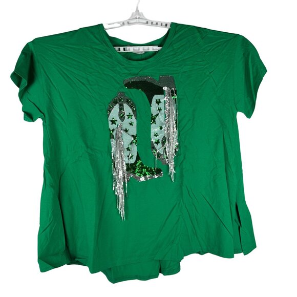 Blue B. Collection Womens Kelly Green Sequin Cowboy Boot Graphic T-Shirt Size L - Picture 1 of 7